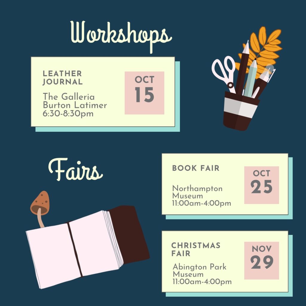 A list of workshops and craft fairs coming up in Oct and Nov, decorated with autumn and craft themes.